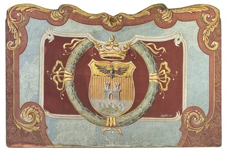Pannello copricamino dipinto a tempera su tela con volute e centrato da stemma