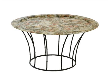 Tavolino basso da esterno con sostegno in metallo a finto bambù e piano circola