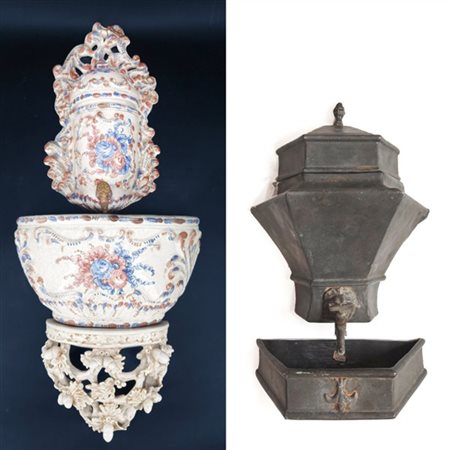 Lotto composto da due fontane lavamani da parete con bacili di cui una in maiol