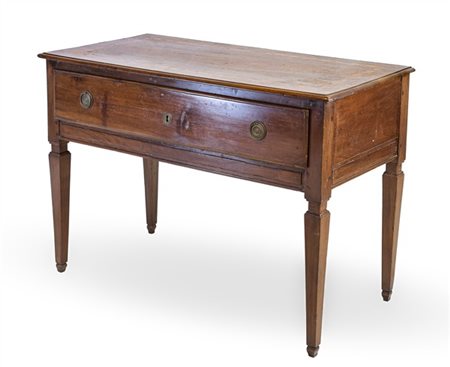 Tavolo da parete in noce con un cassetto nella fascia, piano con profilo intars