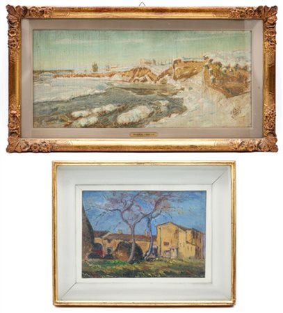 Lotto composto da due dipinti ad olio raffiguranti "Paesaggi" di diversi autori