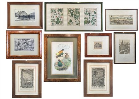 Cartone contenente numerose antiche incisioni e riproduzioni di diverso formato