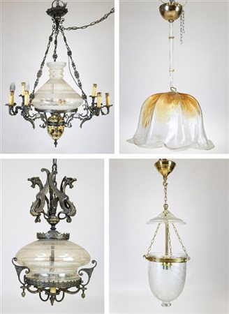 Lotto composto da quattro diversi lampadari di cui due in metallo con paralumi