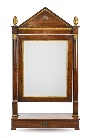 Psiche d'appoggio in noce con specchio basculante e montanti a semicolonna, cim