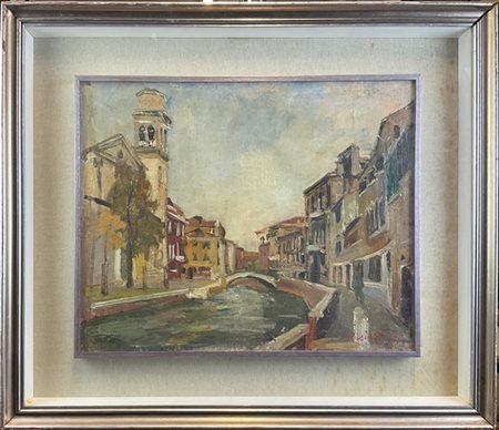 Donato Frisia "San Trovaso, Venezia" 1950
olio su tela (cm 38x47)
firmato e data