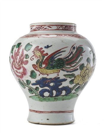 Giara in porcellana Famiglia Rosa decorata con fenice e fiori
Cina, dinastia Qi