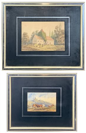 Scuola inglese di inizio XX, Lotto composto da due "Paesaggi" ad acquerello su