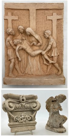 Lotto composto da una formella di Via Crucis in terracotta raffigurante la depo