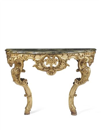 Console in legno intagliato dipinto e dorato, piano sagomato dipinto a finto ma