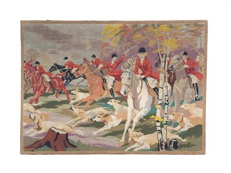 Arazzetto piccolo punto in lana raffigurante scena di caccia con cavalieri e ca