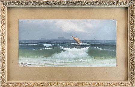 Antonio Coppola "Marina con Ischia sullo sfondo" 
gouache su carta (cm 19x37,5)