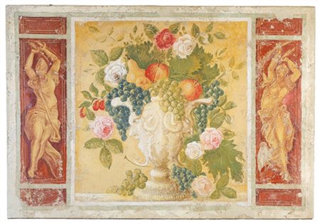 Pannello a finto affresco su tela raffigurante vaso a mascheroni con frutta, fi