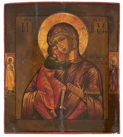 Arte russa, secolo XIX. Icona a tempera su tavola raffigurante Madonna Feodorov
