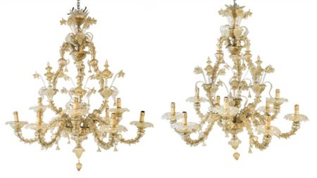 Manifattura di Murano, secolo XX. Coppia di lampadari a otto luci in vetro inco