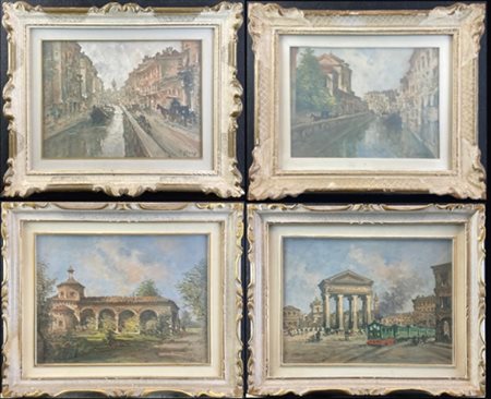 Emanuele Ferrazzi Lotto composto da quattro "Scorci della Vecchia Milano" su div