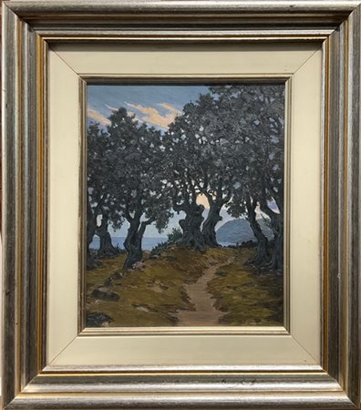 Antonio Rubino "Uliveto al crepuscolo" Sanremo, 1925
olio su cartone (cm 30x25)