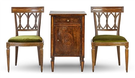 Lotto composto da un comodino in legni vari ad un cassetto e uno sportello con