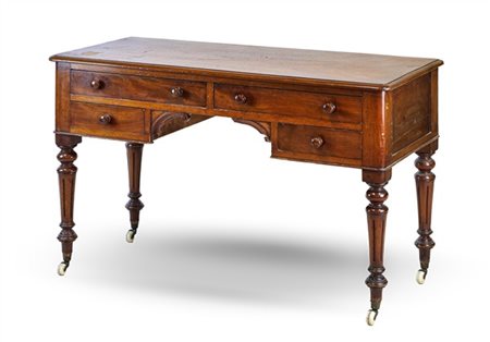 Scrivania da parete in noce con fronte a quattro cassetti, gambe tornite e scan