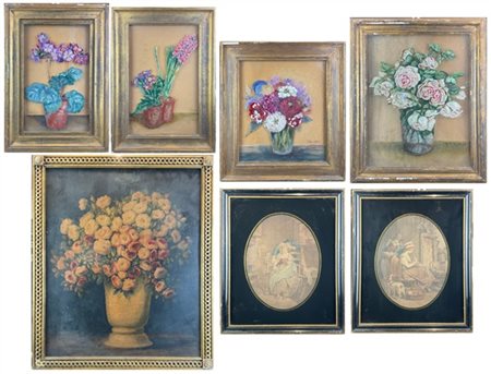 Lotto composto da quattro verre peint raffiguranti vasi con fiori, firmati Pole