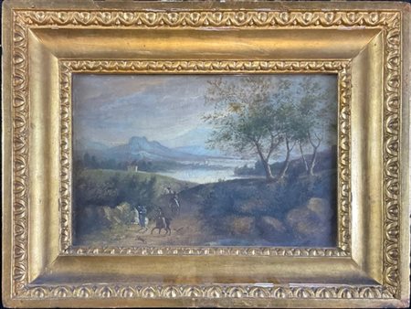Ignoto del secolo XIX

"Paesaggio con gentiluomini a cavallo" 
olio su cartonci