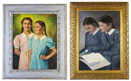 Lotto composto da un olio su compensato e uno su tela raffiguranti bambine, mis