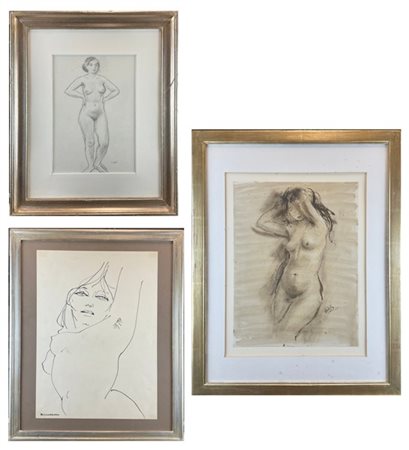 Lotto composto da tre disegni raffiguranti "Nudi femminili" di diversi autori,