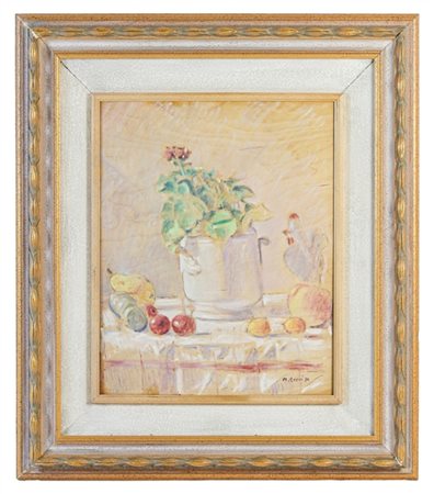 Moreno Zoppi "Composizione con frutti e fiori su tavola" 1990
olio magro su comp