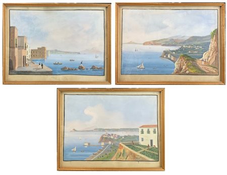 Lotto di tre gouache su carta raffiguranti vedute costiere napoletane di cui un