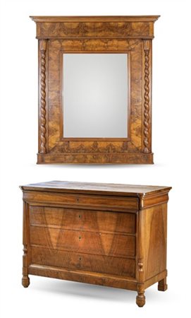 Lotto composto da un cassettone in noce con fronte a quattro diversi cassetti e