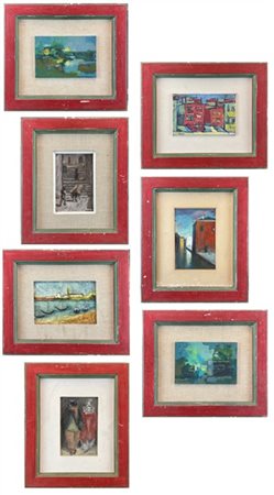 Lotto composto da sette piccoli oli su supporti differenti, di autori e soggett