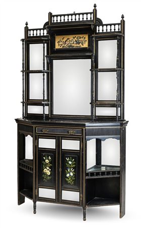 Servante scantonata in legno ebanizzato con profili dorati, parte inferiore ad