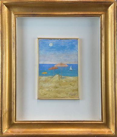 Francesco Speranza "Ombrelloni sulla spiaggia" 1972
olio su cartone telata (cm 1