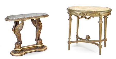 Lotto composto da un tavolino in legno intagliato e parzialmente dorato con sos