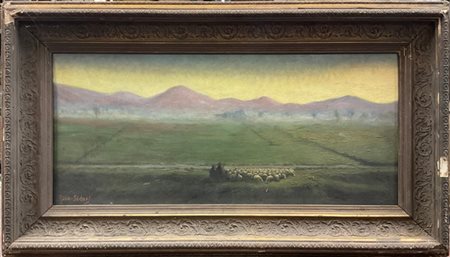 Giuseppe Sidoli "Pastori con gregge entro un paesaggio" 
olio su compensato (cm