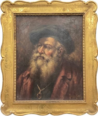Nazzareno Sidoli "Ritratto di uomo barbuto con cappello e medaglione" 
olio su c