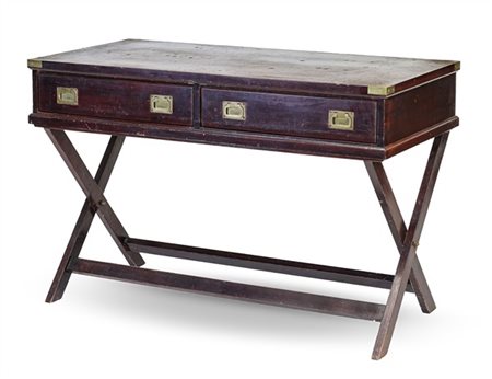 Scrivania Navy in legno tinto mogano, due cassetti nella fascia e gambe incroci