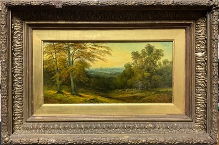 James Baylie Allen "Scorcio boschivo con cervi e città sullo sfondo" 
olio su te