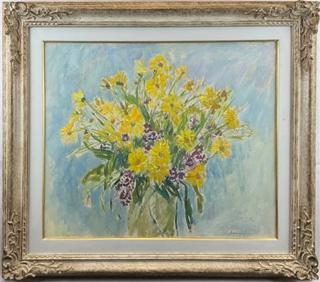 Giuseppe Senigaglia "Margherite gialle" 1986
olio su tela (cm 50x60)
firmato in