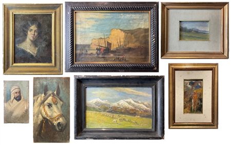 Lotto composto da sette dipinti ad olio di diversi autori, soggetti, supporti e