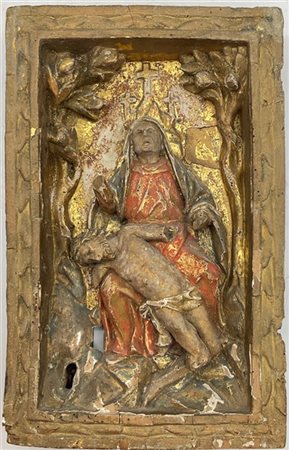 Sportello da tabernacolo in legno intagliato, dorato e dipinto in policromia ra