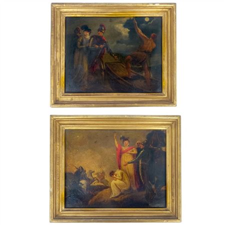 Scuola inglese del secolo XIX, 
Coppia di dipinti raffiguranti due scene storic