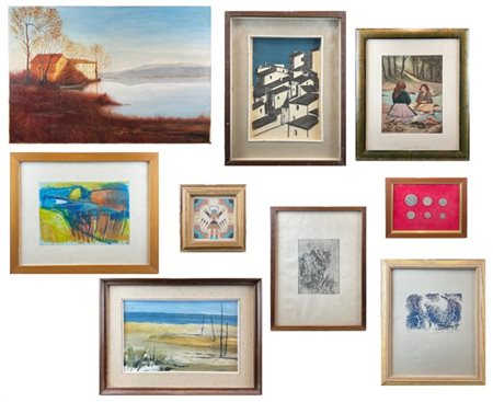 Cartone contenente otto opere tra oli, stampe e riproduzioni, di soggetti, auto