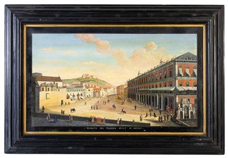 Gouache raffigurante "Veduta del Palazzo Reale di Napoli", tempera su carta (cm