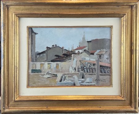 Antonio Moretti "I tetti di Milano" 
olio su compensato (cm 24x34)
firmato in ba