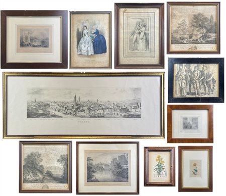 Cartone contenente numerose stampe e incisioni antiche di varie epoche e misure