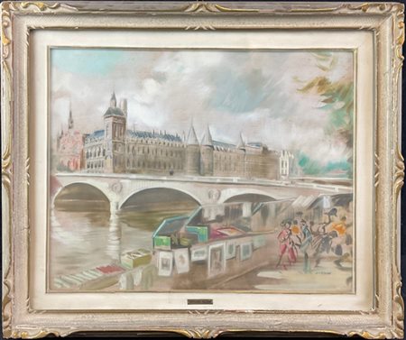 Adriano Gajoni "Scorcio parigino con Palais de Justice e bouquiniste" 
olio su m