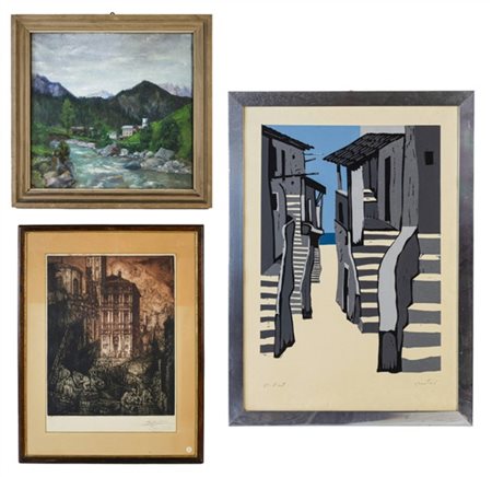 Lotto composto da un dipinto ad olio su tela non firmato, raffigurante paesaggi