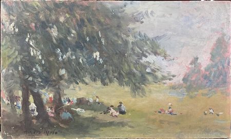 Attilio Melo "Scampagnata" 
olio su cartone telato (cm 27x45)
firmato in basso a