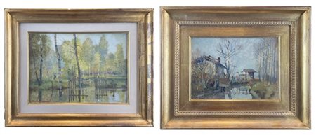 Alfonso Corradi Lotto composto da due "Paesaggi"oli su compensato (cm 24,5x34)
f