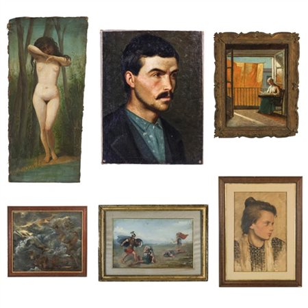 Lotto composto da cinque dipinti ad olio ed una tecnica mista di diversi autori